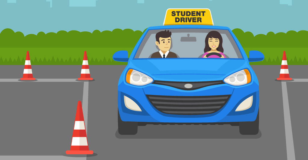 vector image of a student driver in the car with an instructor