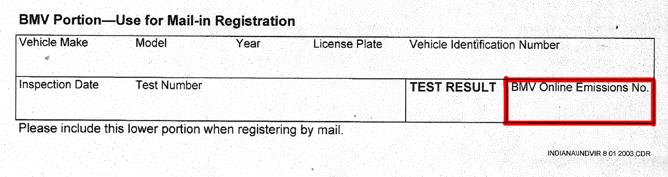 Example snapshot of a mail-in registration document with the emissions number field highlighted