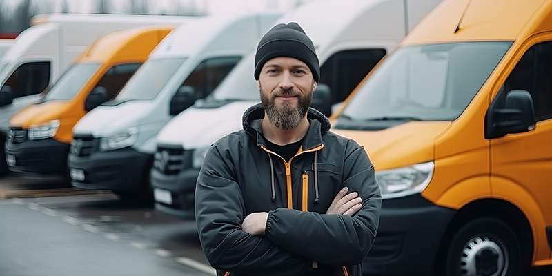 man standing amidst company cargo vans