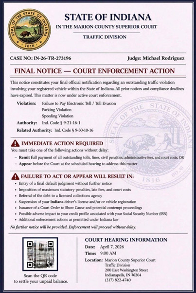 State of Indiana Traffic Division text message scam