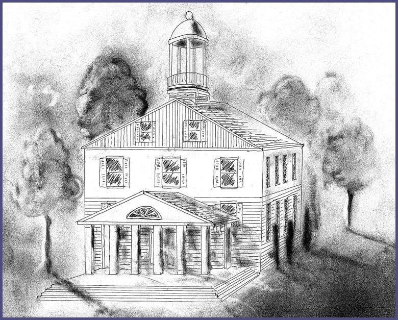 Artist Bill Burtnett’s sketch of the first Courthouse in Albion, based upon a sketch of the Northumberland County, PA Courthouse and a description of our Courthouse found in local newspapers. This courthouse burned in 1859.