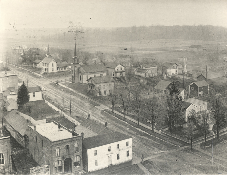 North Orange Street hill seen from the Courthouse tower, circa 1900. Note the white framed Worden House, early hotel moved to Albion from Port Mitchell in 1846 or 1847. Note across Orange Street the 1855 Greek Revival home of prominent banker and Common Pleas Judge William Clapp. The original St. Mark’s Lutheran Church is shown to the north. This church housed county offices after the original Courthouse was burned in 1859. The church was torn down in 1906 when the current church was built.
