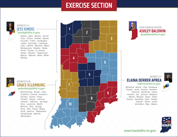 Map of Indiana counties with color-coded districts with numbers and people's contact info