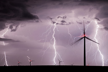 Lightning strikes near windfarm