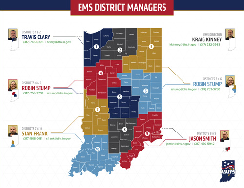 Map of Indiana counties with color-coded districts with numbers and people's contact info