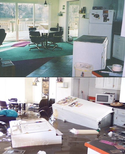 Flood-damaged home interior before and after