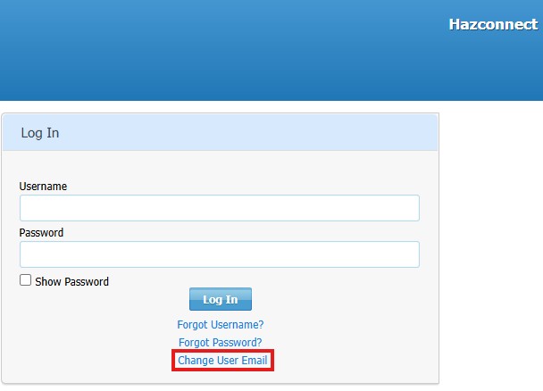 Screenshot of Hazconnect login screen