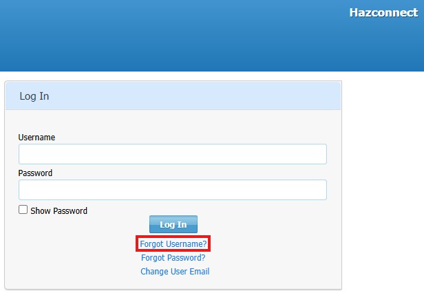 Screenshot of Hazconnect Login Screen