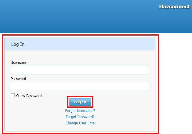 Screenshot of Hazconnect Login Screen