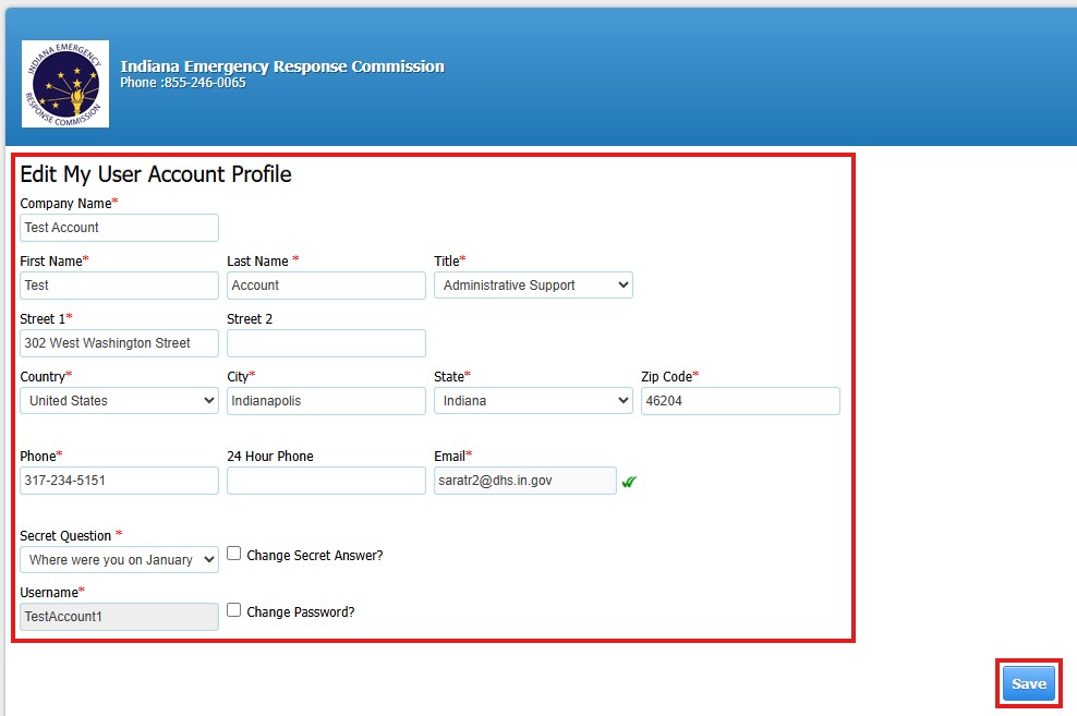 Screenshot of Hazconnect Edit My User Account Profile