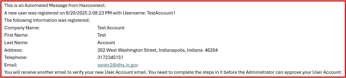 Screenshot of Hazconnect Registration Confirmation Email