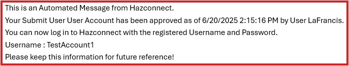 Screenshot of Hazconnect Automated Message