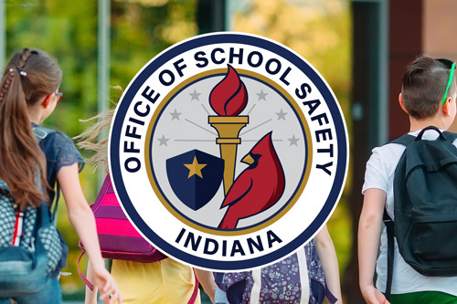 School Safety logo over children running at school
