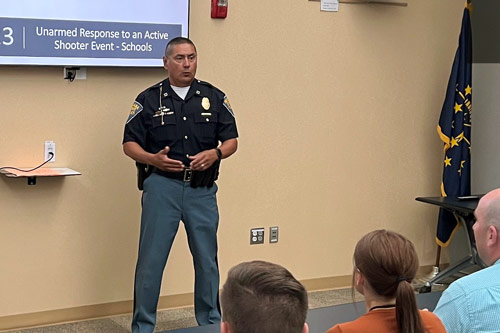 Indiana State Police presenting active shooter training to a class