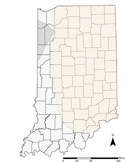 Indiana map showing potential distribution of the eastern mole, plains pocket gopher, and star-nosed mole.