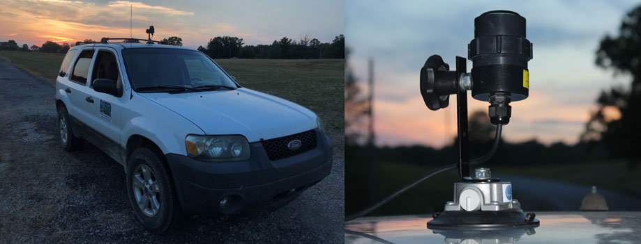 A mobile acoustic survey setup has an ultrasonic microphone attached to the roof of the vehicle with the recording unit and navigation devices in the cab.