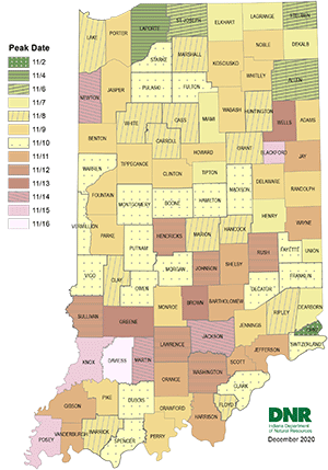 Map of Indiana showing deer rut timing