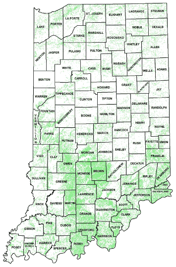 Map of Indiana showing forests area
