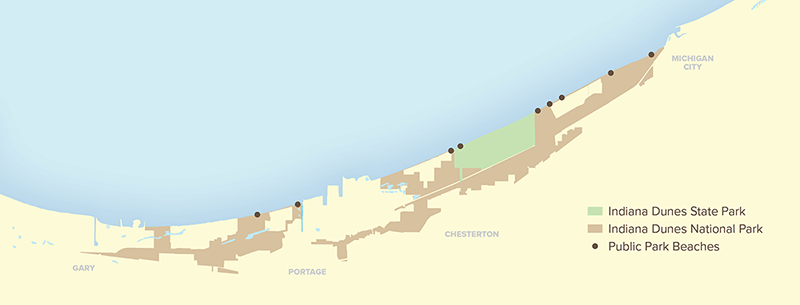 Map of Indiana Lake Michigan Shoreline showing public areas