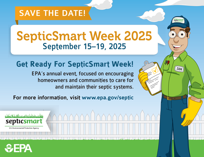 SepticSmart Week 2025 graphic with gloved man holding clipboard and fence in background