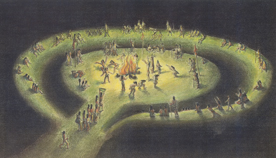 Artist's rendering of ceremony on the Great Mound at Mounds State Park
