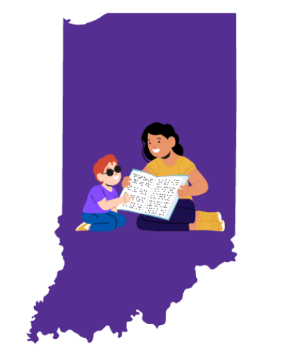 Illustration of a woman woman teaching a child how to read braille over the shape of the State of Indiana.