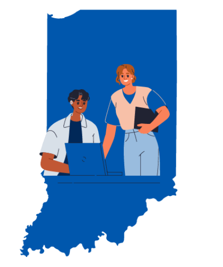 Illustration of a man and a woman working at a computer over the shape of the State of Indiana.