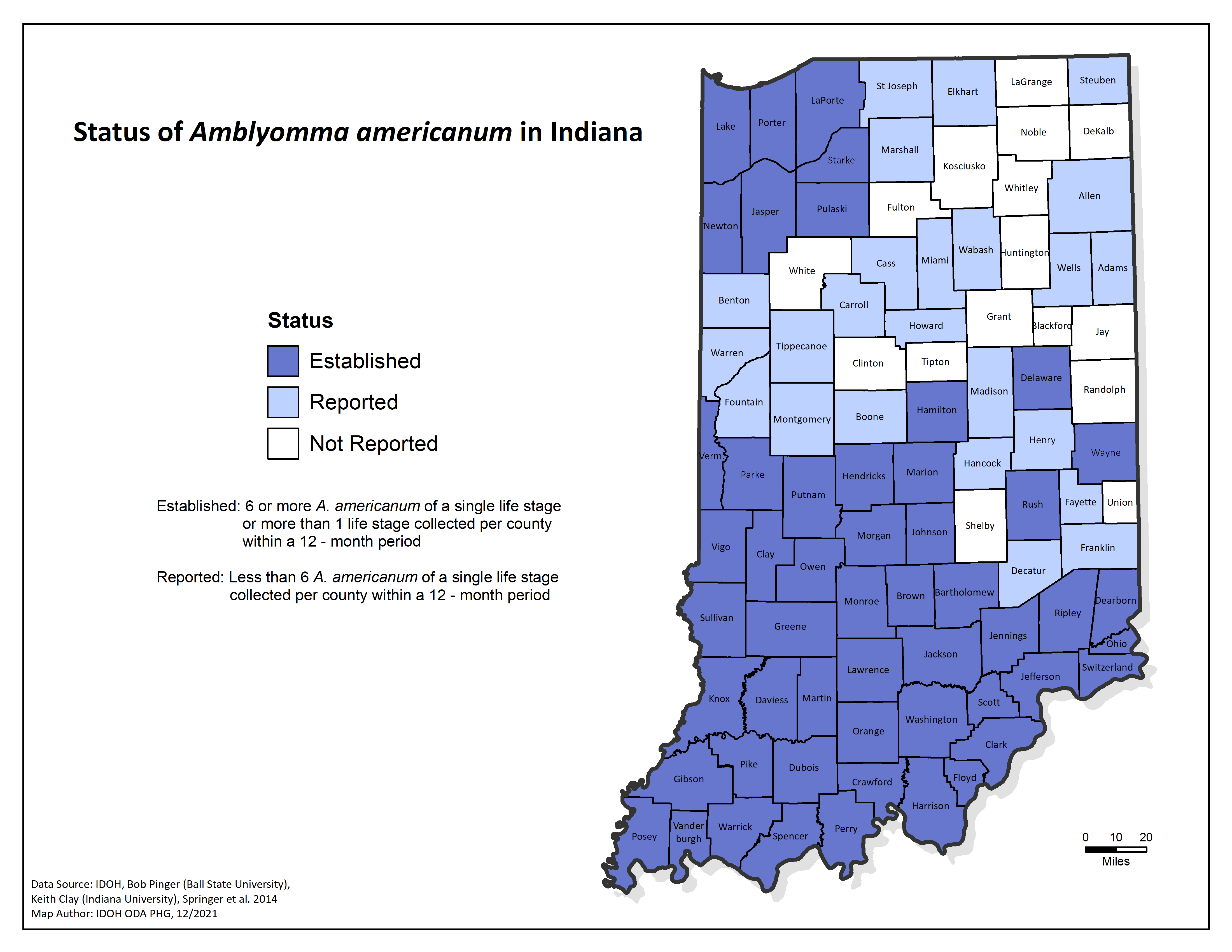 Known distribution of Lone Star ticks (Amblyomma americanum) in Indiana. Updated January 2022.