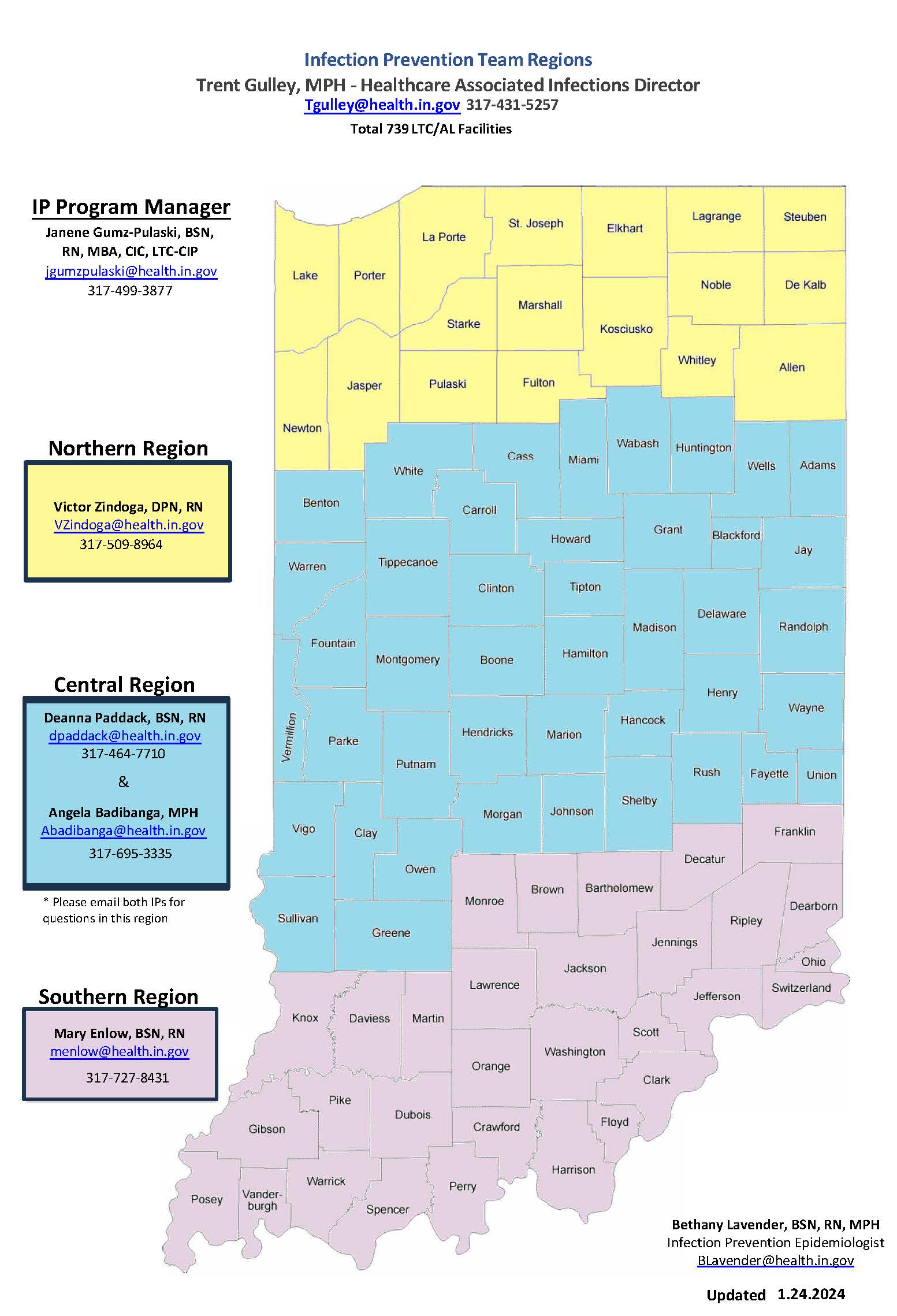 Map of IDOH's infection prevention regions with contacts listed.