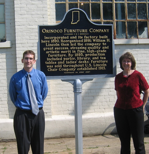 Jeremy Hackerd, Indiana Historical Bureau Marker Manager, and Rhonda Bolner, marker applicant, pose with the marker.