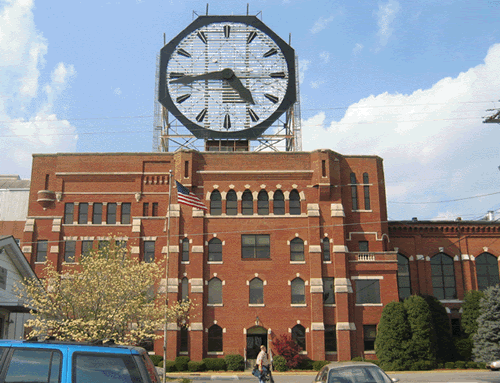 The Colgate Company moved the giant clock fom New Jersey to Clarksville and placed it on top of the factory building in 1924.