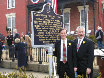 February 28, 2003 dedication of the Culbertson Widows' Home marker. Steve Goodman and Carl Holliday are the owners of the bed and breakfast, The Mansion at River Walk, as the Home is now known.