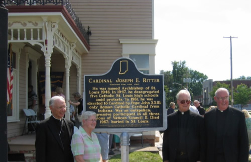 From left: Reverend Robert J. Hermann, Auxilary Bishop of the Archdiocese of St. Louis; Virginia Lipps, niece of Cardinal Ritter; Reverend Monsignor Nicholas Schneider, priest of Archdiocese of St. Louis; Revered Monsignor Joseph Shaedel, Vicar Genereal of the Archdiocese of Indianapolis