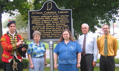 From left to right: Chad Hughes, bagpiper; Lela Bauerband, Historic Landmarks of Fountain County; Norma Fink, Attica Public Library; Robert Shepherd, Attica Community Foundation, and Stephen Berrey, Indiana Historical Bureau.