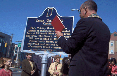 The priest of the Holy Trinity Greek Orthodox Church of Indianapolis at the dedication of the historical marker.