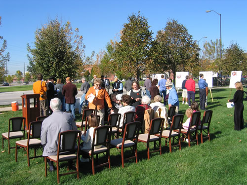 A crowd of approximately 60 people gathered for the Calvin Fletcher dedication ceremony.