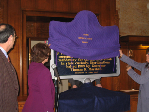 Jamie Renee Coleman, a woman sterilized as a teenager as a result of this legislation, and Dr. Judy Monroe, Commissioner of the Indiana State Department of Health, unveiled the marker.