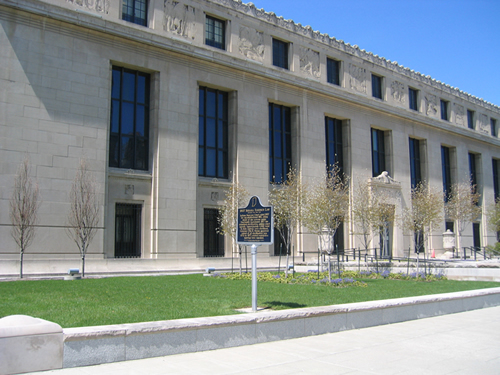 The marker is on the East Lawn of the Indiana State Library and Historical Building.