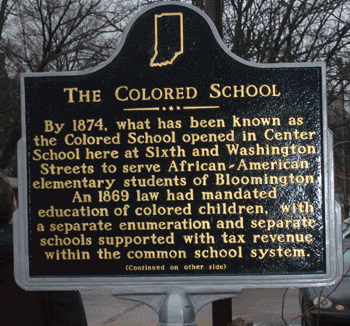 The marker is located at Sixth and Washington Streets in Bloomington.