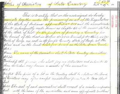 Articles of Association of Porter Cemetery - 1855.