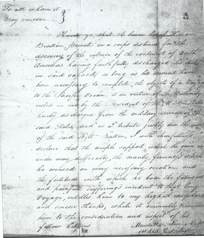 William Bratton's letter of discharge from the armysigned by Meriwether Lewis