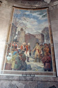 This mural shows the formal surrender of Fort Sackville by British Lt. Governor Henry Hamilton to George Rogers Clark on February 25, 1779.