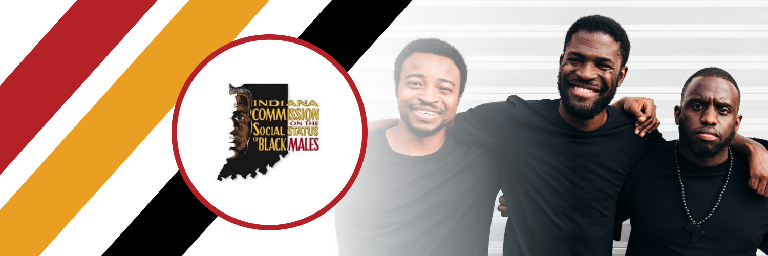 logo of indiana commission on social status of black males next to photo of 3 black men with arms around eachother
