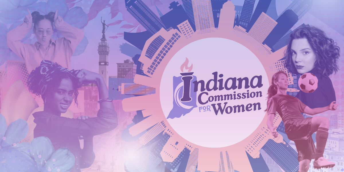 ICW Logo in a pink purple edited graphic with diverse group of women pictured playing soccer and posing for their photo