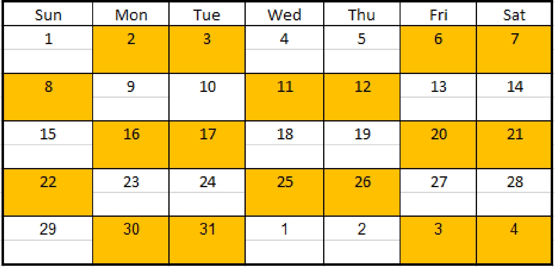 Calendar showing shift schedules. White is Group H and I and Yellow is Group J and Group K.