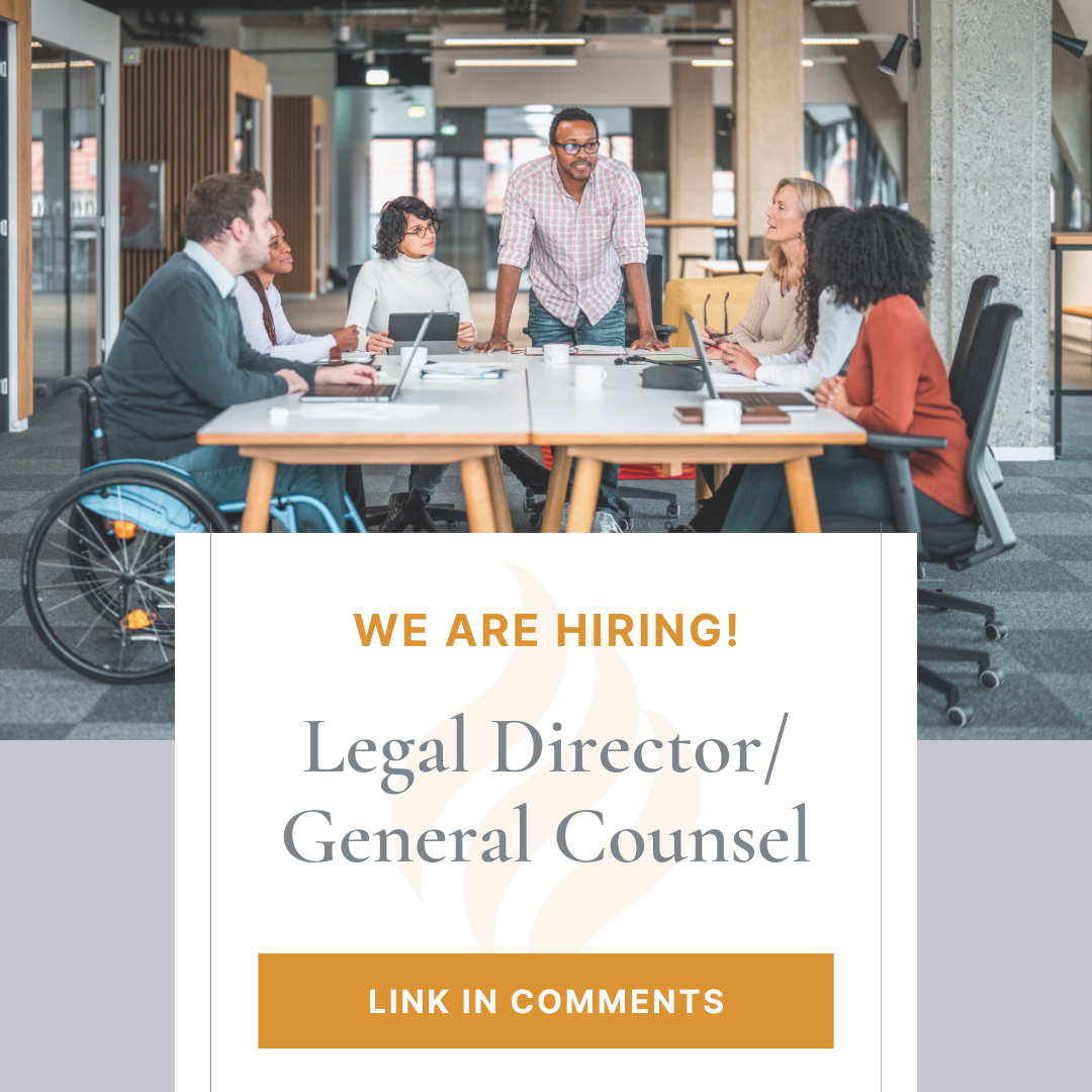 Alt text: A group of diverse people sitting at a large table in a meeting with the words “We are hiring. Legal Director/General Counsel. Link in Comments.”