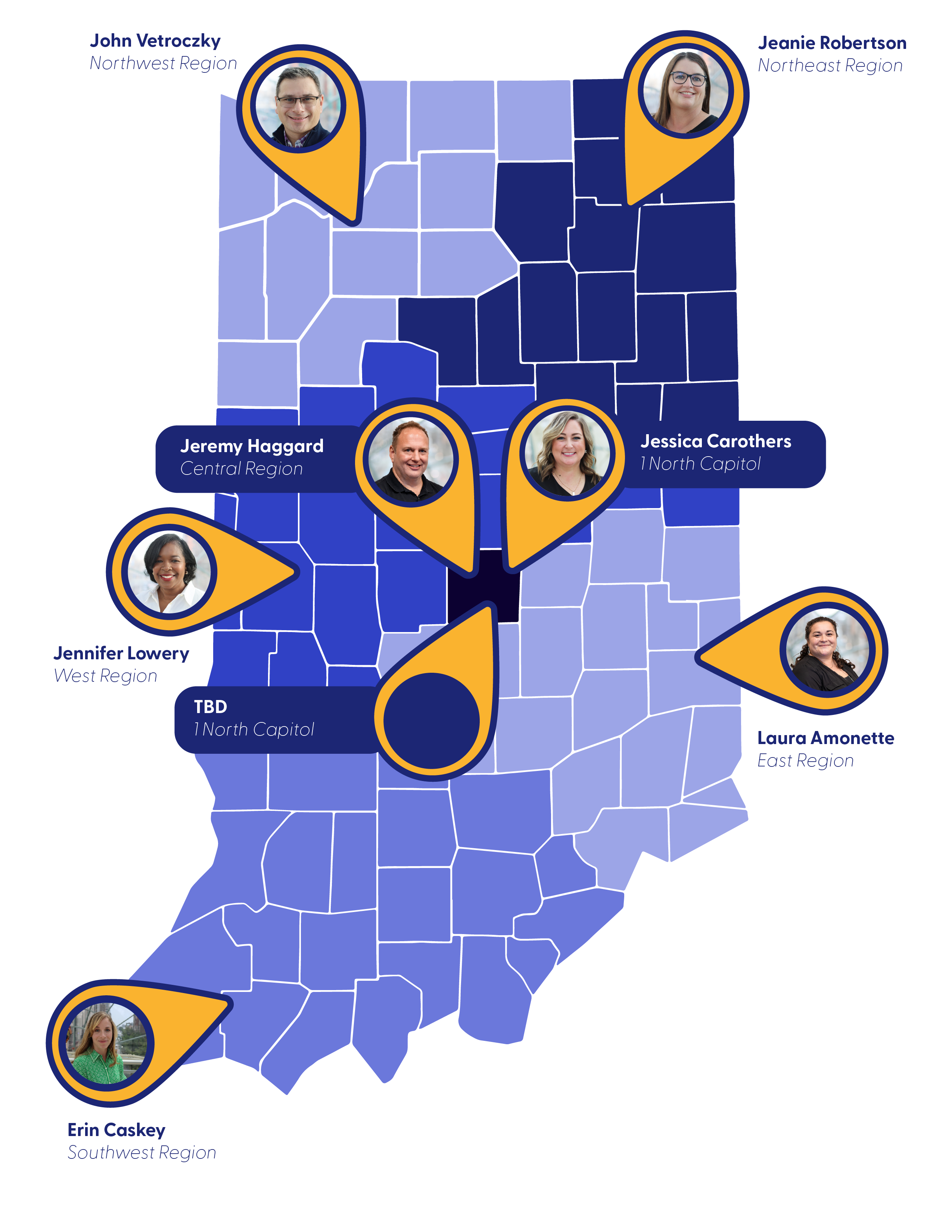 Counselor Map Map of Indiana with counselors by region