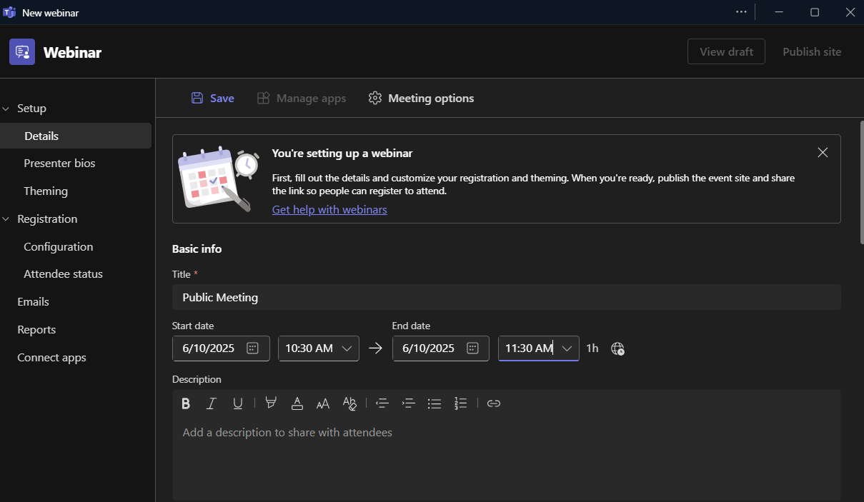 Microsoft Teams Webinar setup screen. Creating the Title of the Webinar and selecting the date/time of the event.