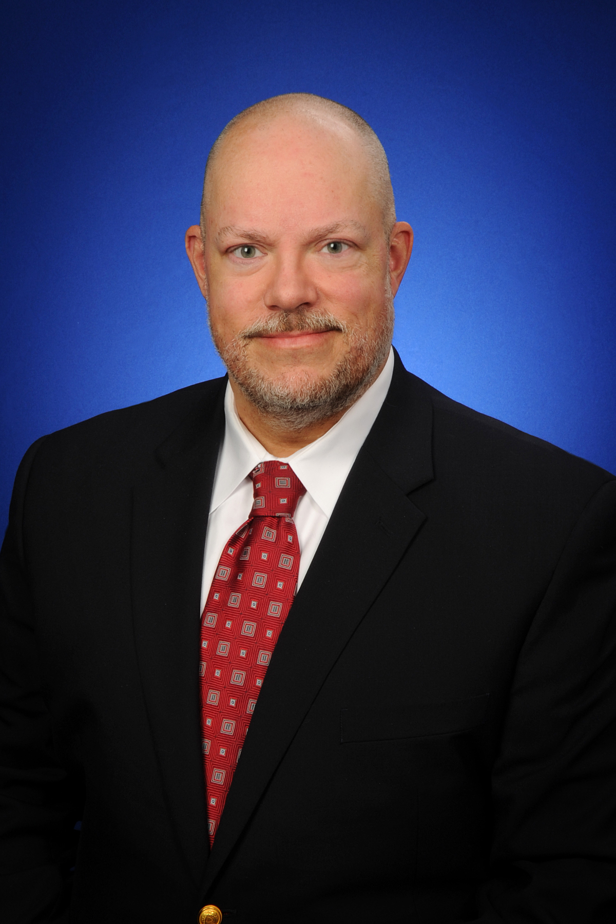 Commissioner Swinger Commissioner Swinger is wearing a black suit with a white shirt and red tie against a bright blue background.