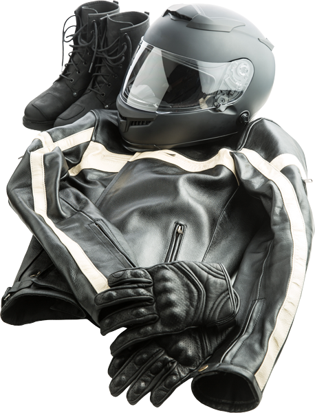 Motorcycle boots, helmet, jacket, and gloves isolated.